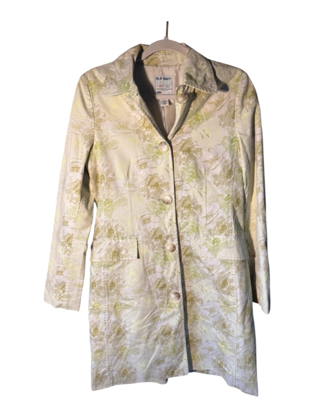 Vintage Y2K Old Navy Floral Jacquard Trench Coat in Cream and Pale Green